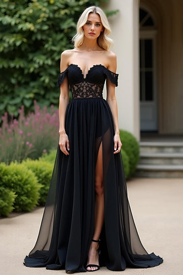 Sort A Line Off The Shoulder Chiffon Blonde Gallakjole med slids